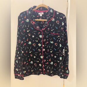 NWT Nicole Miller Womens Makeup Print PJ Pajama Top Black Shirt Sz M NEW